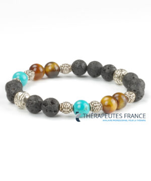 Bracelet diffuseur pierre de lave turquoise Sinkiang oeil de tigre