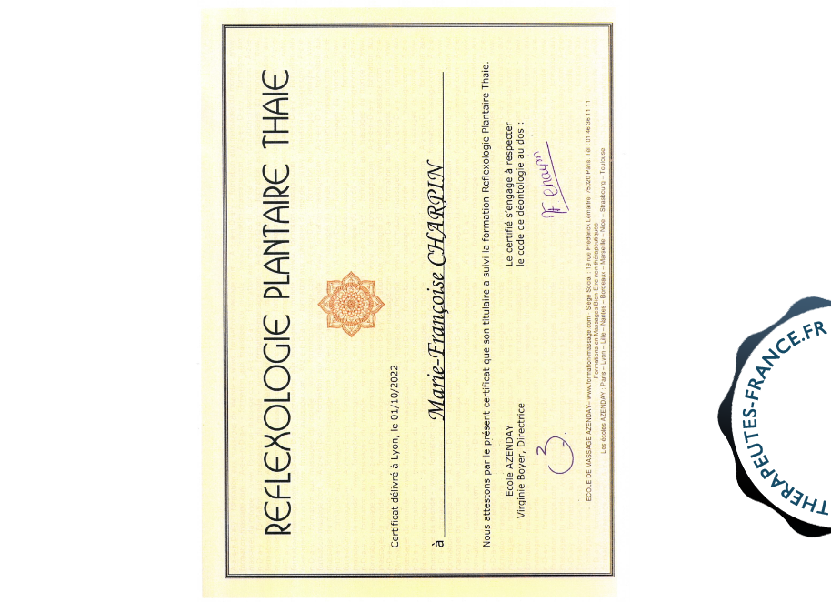 Certificat de réflexologie plantaire Thaïe