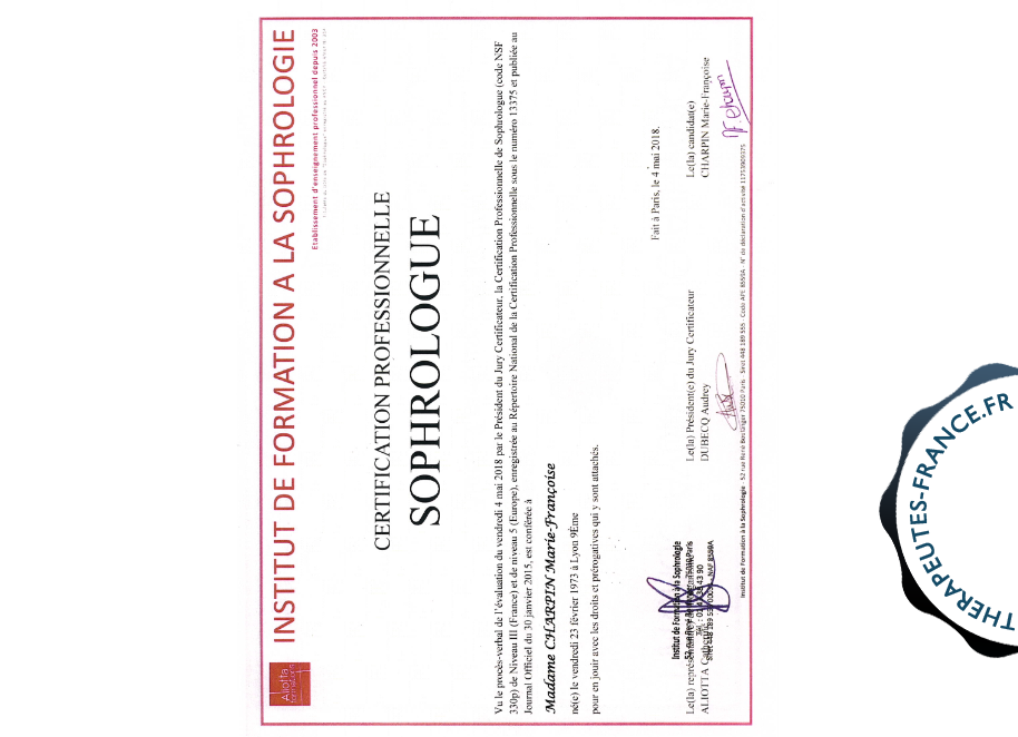 Certificat de sophrologue certifié RNCP