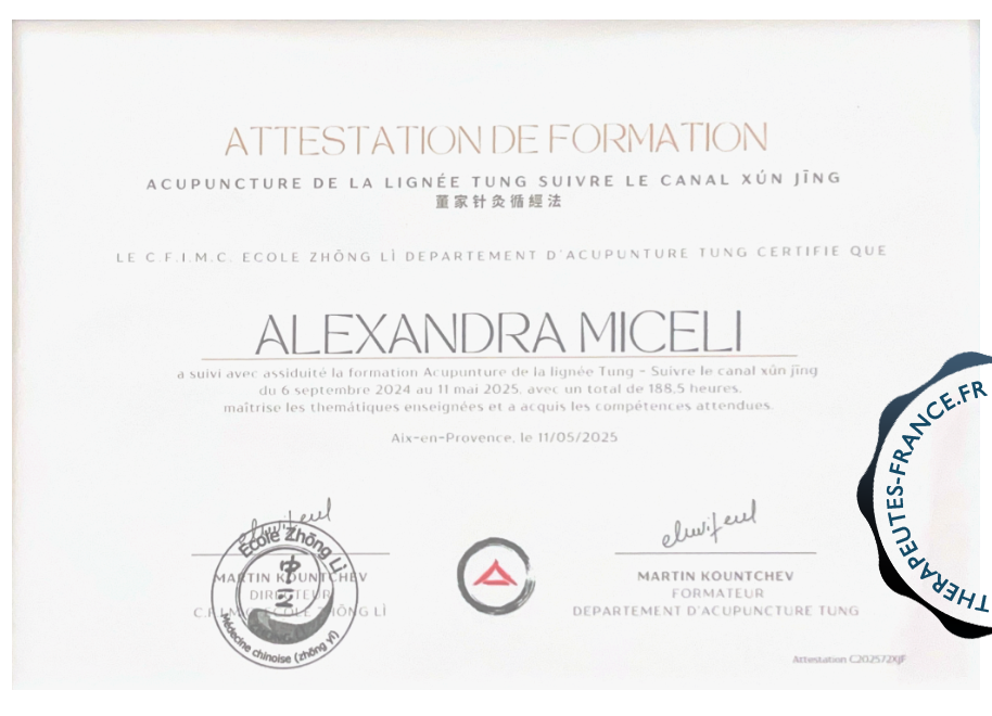 Attestation de formation acupuncture de la lignée Tung