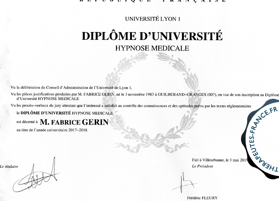 Dipl&ocirc;me Universitaire d'hypnose 