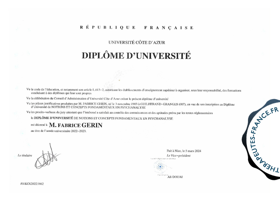 Dipl&ocirc;me Universitaire de Psychanalyse