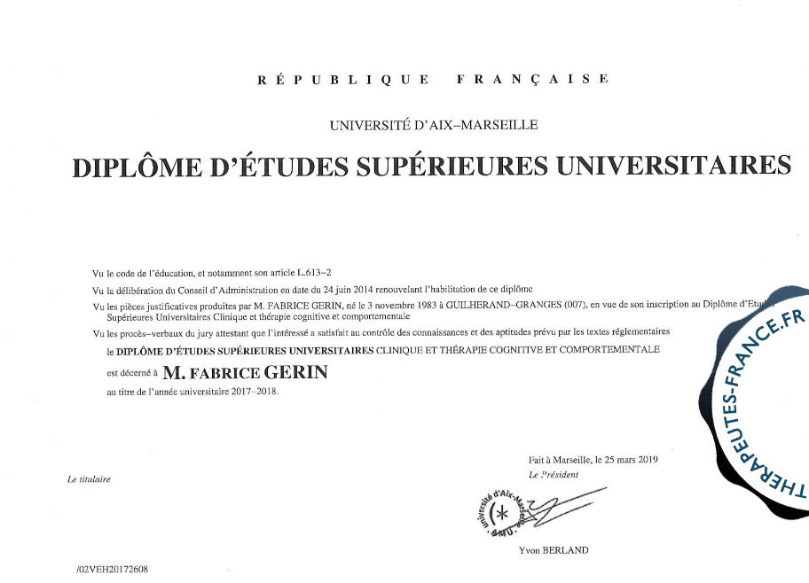 Dipl&ocirc;me Universitaire des Th&eacute;rapies Cognitives et Comportementales (TCC)
